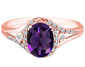 Exquisite 1.10 Carat Natural Amethyst Gemstone Ring with Diamonds in 14K Rose Gold.