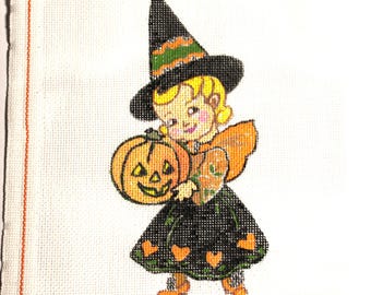 Hand Painted Needlepoint Canvas: Little Witch Halloween Ornament, Signed BH Designs