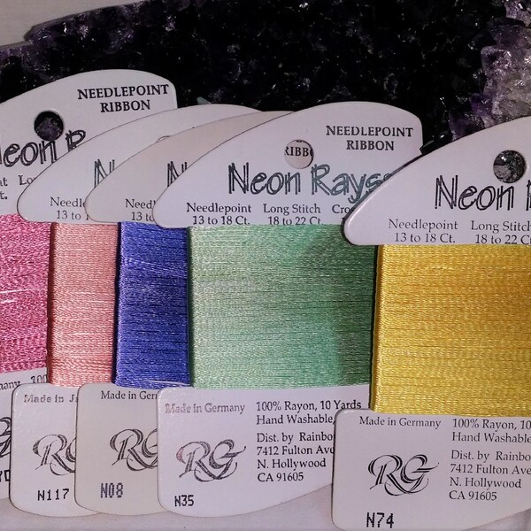 FREE SHIPPING Neon Rays Ribbon by Rainbow Gallery use on Needlepoint canvas, Cross stitch, Embroidery Made in Germany 10 Yards