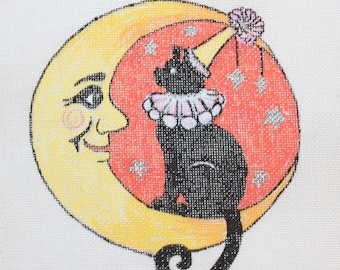 Halloween Vintage Ornaments Sign Needlepoint Black Cat Party on the Moon 13 mesh 18 mesh or 24 mesh SIGNED See Info Please was 80.00