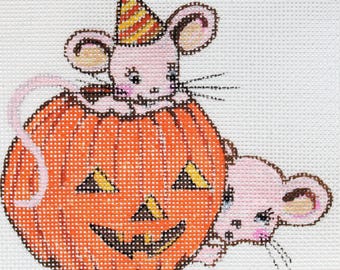 Needlepoint Canvas to stitch Zweigart 18 mesh Halloween Mice & Pumpkin BH Designs Needlework signed