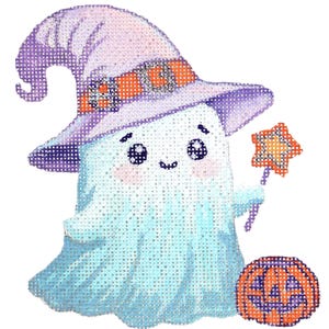 Needlepoint Canvas to Stitch: Hand Painted Halloween Ghost, Star Wand, Pumpkin