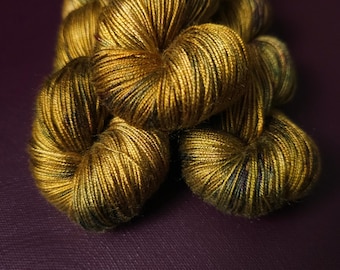 Ochre Haze, hand dyed vegan yarn, speckled yarn, fingering / DK weight knitting yarn, tencel OR bamboo yarn, shiny crochet thread,