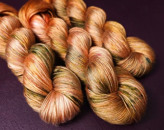 Hand dyed yarn ~ Mossy Peach *** Dyed to order ~ fingering / DK weight tencel OR bamboo yarn, vegan, hand painted