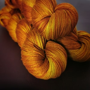 Hand dyed vegan yarn ~ Tumeric Passion ~ mercerized cotton yarn, hand painted, indie dyed