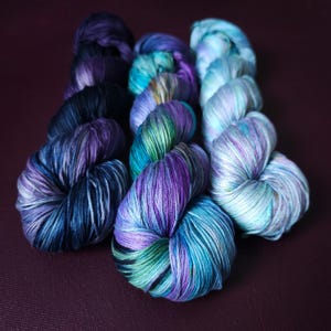 Lucky Dip Trio, Hand Dyed Vegan Yarn Set, One Of A Kind, mercerized cotton fingering Weight Yarn, Hand Painted Plant Based Crochet Thread, K