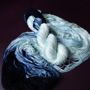 May include: A close-up of several skeins of yarn in shades of blue and teal. The yarn is arranged in a loose, flowing pattern, with some skeins tightly wound. The color gradient ranges from deep navy to a light, airy teal.