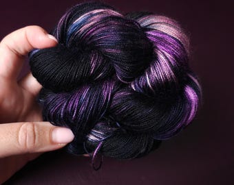 Hand dyed vegan yarn, Grapes In Space, Fingering Bamboo, DK tencel yarn, hand painted plant based yarn, variegated mercerized cotton