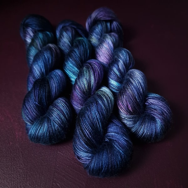 Hand dyed vegan yarn ~ Peacock Galaxy *** Dyed to order ~ fingering / DK weight tencel OR bamboo yarn, hand painted
