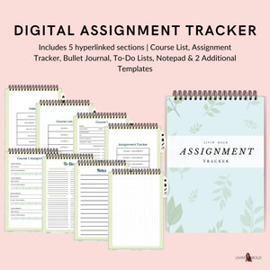 Puede incluir: Un planificador de tareas digital con cinco secciones: Lista de cursos, Seguimiento de tareas, Diario de viñetas, Listas de tareas, Bloc de notas y dos plantillas adicionales. La portada presenta un fondo azul claro con hojas verdes y el texto "LIVIN' BOLD ASSIGNMENT TRACKER".