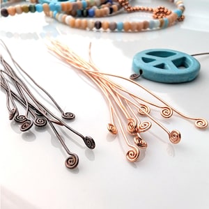 10 22g Spiral Raw Copper Headpins for Jewelry Making, Polished or Antiqued Artisan Findings