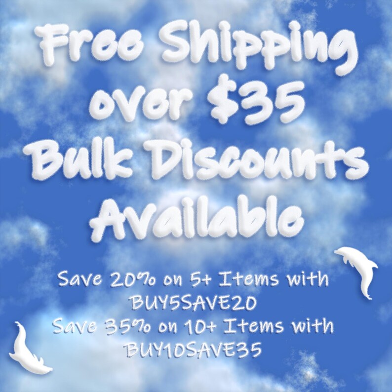 May include: A blue background with white cloud-like text that reads "Free Shipping over $35 Bulk Discounts Available." Additional text offers discounts: Save 20% on 5+ items with BUY5SAVE20, and Save 35% on 10+ items with BUY10SAVE35.