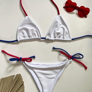 White Ribbed Bikini Set with Red and Blue - 4th of July Swimwear Set - Red White and Blue Bikini