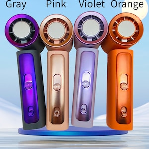 May include: Four hair dryers in gray, pink, violet, and orange are displayed against a light blue background. The text "Four colors available" is at the top. Each dryer has a cylindrical handle and a circular head with a central opening.