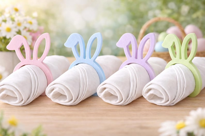 Puede incluir: Cuatro servilleteros pastel en forma de orejas de conejo de Pascua. Los servilleteros son rosas, azules, morados y verdes. Cada anillo rodea una servilleta blanca enrollada. Una cesta de huevos de Pascua est&aacute; en el fondo.