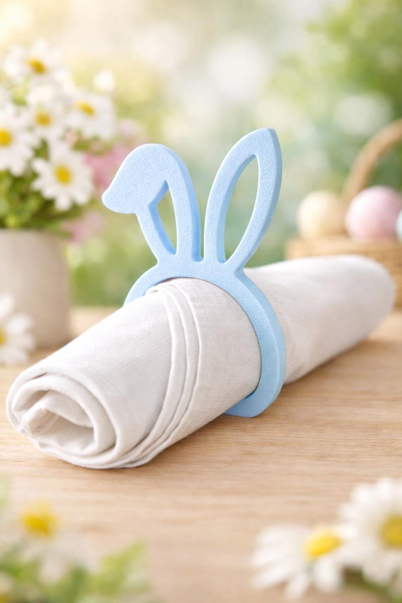 Puede incluir: Un servilletero azul claro con forma de orejas de conejo rodea una servilleta blanca enrollada. El anillo de Pascua est&aacute; hecho de un material s&oacute;lido y se encuentra sobre una superficie de madera. Hay flores en el fondo.