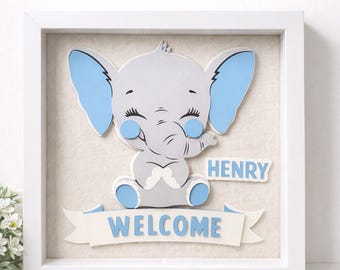 Schaduwdoos babyolifant – gepersonaliseerde babykamerdecoratie, cadeau pasgeboren