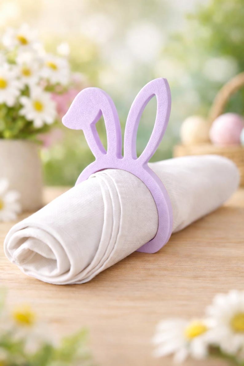 Puede incluir: Una servilleta de lino blanco enrollada sujeta por un servilletero de orejas de conejo lila. La decoraci&oacute;n de mesa con tem&aacute;tica de Pascua est&aacute; sobre una superficie de madera, con flores y una cesta.