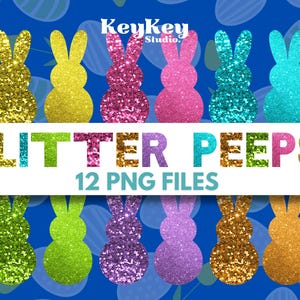 Puede incluir: Doce imágenes digitales de caramelos de Pascua Peep cubiertos de purpurina en varios colores, incluidos amarillo, verde, rosa, morado, azul y naranja. Las imágenes están etiquetadas como "Glitter Peeps 12 PNG Files".