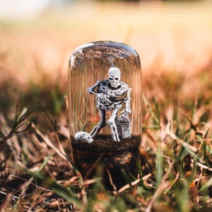 May include: A glass cloche with a miniature skeleton, skull, and bucket on dark soil. The scene is set against a blurred backdrop of green and brown grass. The cloche is a decorative item.