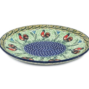 Polish Pottery Oval Serving Bowl 10-inch - UNIKAT - Rooster Dance
