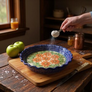 May include: A blue and white ceramic pie dish with a floral design is being dusted with flour. Two green apples and a jar of orange juice sit nearby on a wooden table. A copper jar and a wooden cutting board are also visible.