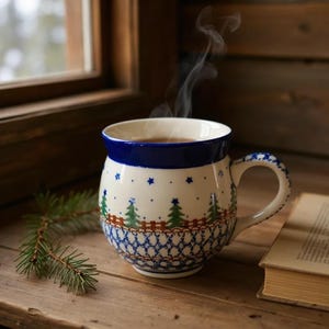Polish Pottery Mug - 12 oz Christmas Bubble Tea / Coffee Mug - Handmade in Poland
