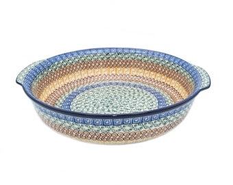 Handmade Polish Pottery 10" Baker with Handles: Grecian Sea Round Baking Dish
