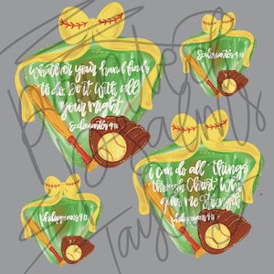 May include: Four baseball-themed designs with a green background and yellow accents. Each design includes a baseball, bat, and glove. Text includes Bible verses: Ecclesiastes 9:10 and Philippians 4:13. The designs are on a gray background.