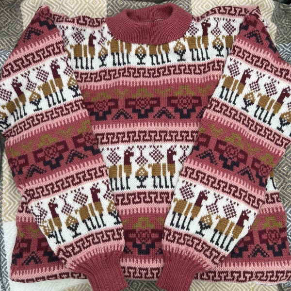 Handmade Andean Cusco Peruvian Alpaca Wool Winter Warm Llama Sweater Pullover Shirt Size M
