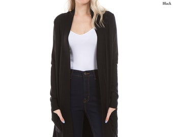 Women's Long Line Open Front Knit Sweater Cardigan with Pockets