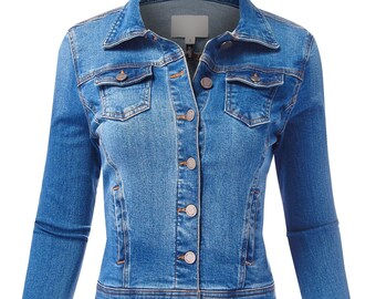 Women Washed Denim Button Up Jacket/ Slim Fit Trucker Jean Jacket/ Canvas Cotton Denim Jacket