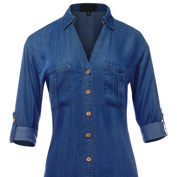 Women's Long Sleeve Loose Fit Soft Tencel Button Down Chambray Blouse Utility Shirts