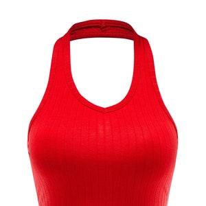 Women's Slim Fit Ribbed Halter V Neck Sleeveless Backless Basic Crop Top