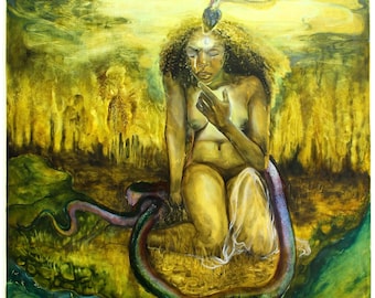 May include: A painting of a woman with a snake on her head, sitting in a field of tall grass. The woman is nude and has a third eye on her forehead. The snake is green and purple and is wrapped around her body. The background is a landscape with hills and clouds.