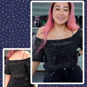 Promotional image with text reading Easy Off-Shoulderd Top and Crochet Pattern, featuring two inset photos of the top on a model.