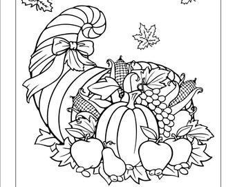 Puede incluir: Una ilustración en blanco y negro de una cornucopia desbordante de elementos de la cosecha de otoño, incluyendo calabazas, manzanas, uvas, maíz y hojas. El texto "Happy Thanksgiving" está escrito en la parte superior de la imagen.