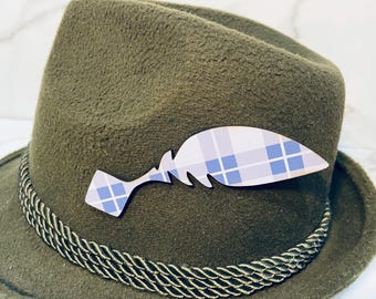¡Pin de sombrero de plumas de madera a cuadros azules! Pin de sombrero alpino alemán para Oktoberfest, decoración para sombrero tirolés.
