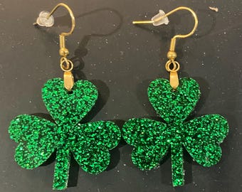 Handmade Shamrock Earrings Green Glitter Clover St. Patrick’s Day Jewelry