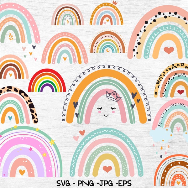 Boho Rainbow SVG, 15 Rainbow Svg, Rainbow Bundle svg, Leopard Rainbow svg, Hand Drawn Rainbow, Pastel Rainbow, Cricut File, Png, Jpg, Eps