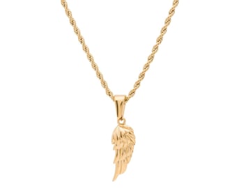 18k Gold Angel Wing Pendant Necklace - Stainless Steel Rope Chain