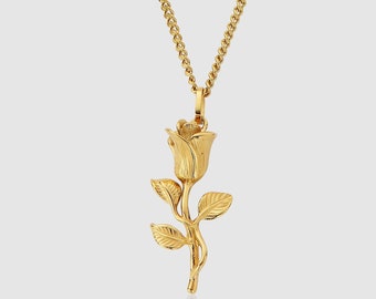 18k Gold Plated Rose Pendant Necklace - Stainless Steel Curb Chain