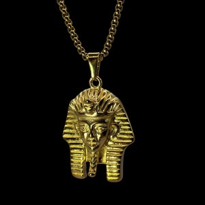Lifetime Warranty 18k Gold Plated Pharaoh King Tut Necklace Ancient Egyptian Chain Medallion Stainless Intricate Design Gift For Her or Him