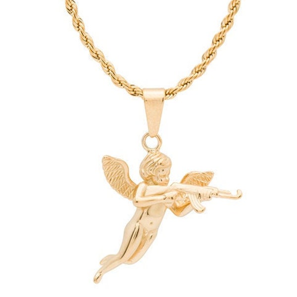 Lifetime Warranty 18k AK47 Machine Gun 18k Cherub / Cupid With Gun Chain Necklace Gold Girlfriend Gift Gift for Her SHIPPING GLOBAL