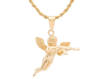Collana con ciondolo Cupido AK47 in oro 18k: catena intrecciata in acciaio inossidabile