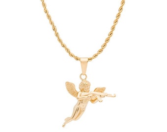 Gold Cupid with AK Necklace, Stainless Steel Cherub Pendant