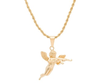 Collana con ciondolo Cupido AK47 placcato oro 18k - Acciaio inossidabile