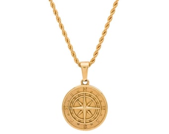18k Gold North Star Compass Pendant Necklace: Stainless Steel Chain