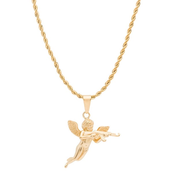 Womens Cupid Necklace 18k Cupid With Gun Pendant Chain Gold Cupid Pendant W Gun Cherub AK For Her Gift For Her Girlfriend Lifetime Warranty