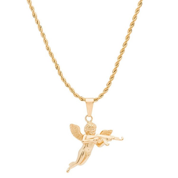 Lifetime Warranty AK47 Machine Gun 18k Cherub / Cupid With Gun Pendant Chain Unisex Cupid Necklace Gold Cupid Pendant Gun